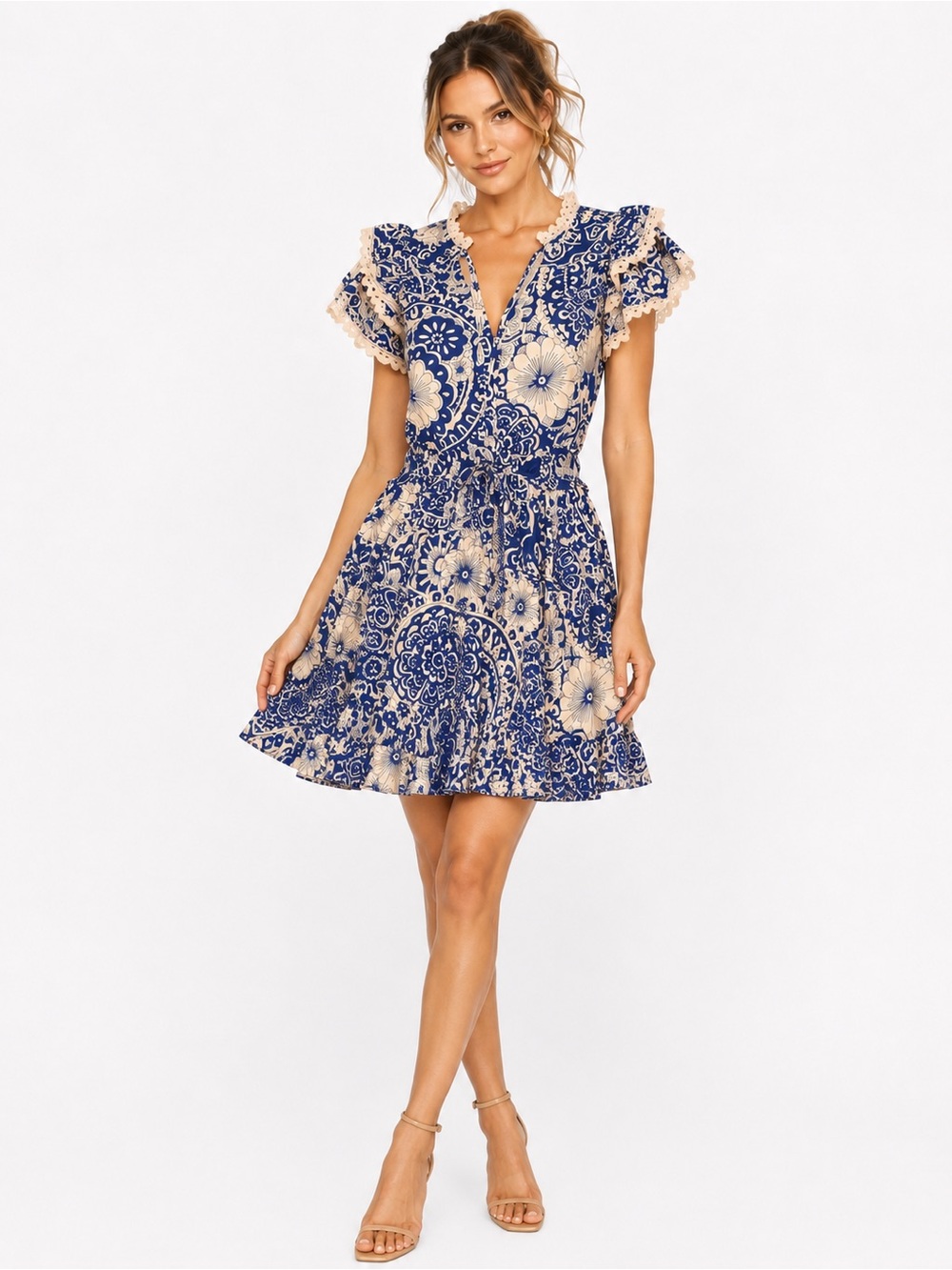 Pinch Size Small Blue and Cream Floral Ruffle & Lace Dress
